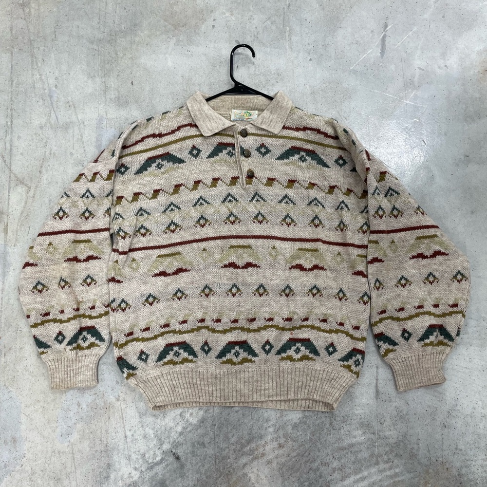Men's Beige Patterned Crewneck Sweater